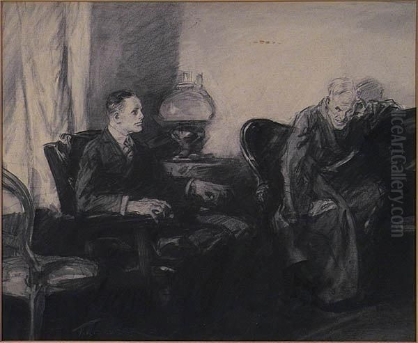 Two Contentious Men In Interior. Oil Painting by Frederic R. Gruger