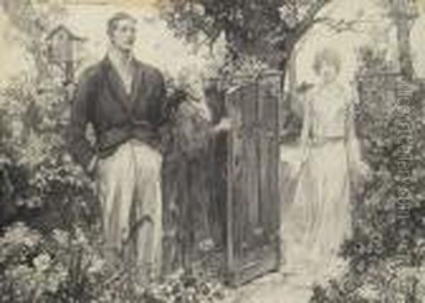 Three Figures Standing By Garden Gate. Oil Painting by Frederic R. Gruger