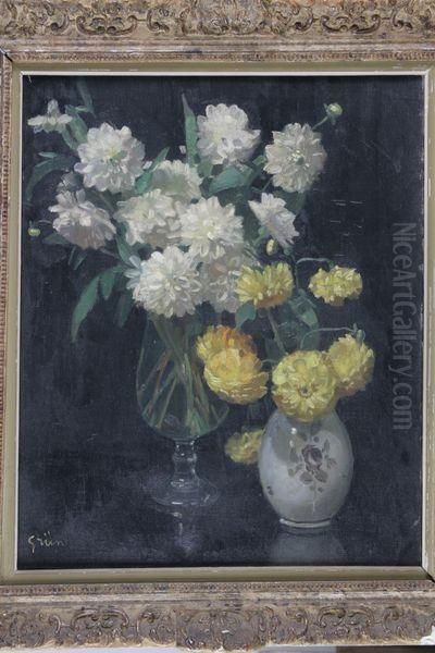 Deux Vases De Dahlias Oil Painting by Jules-Alexandre Grun