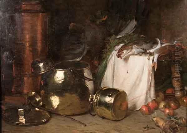 Poissons, Poule Et Chaudrons Oil Painting by Jules-Alexandre Grun