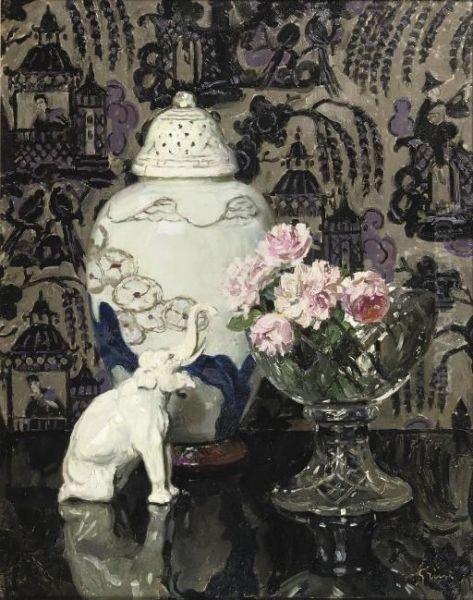 Still Life With Porcelain Elephant And Roses In A Glass Bowl Oil Painting by Jules-Alexandre Grun