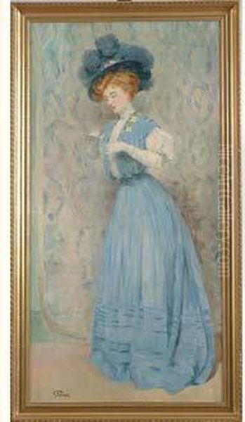 elegante Au Chapeau Bleu Oil Painting by Jules-Alexandre Grun