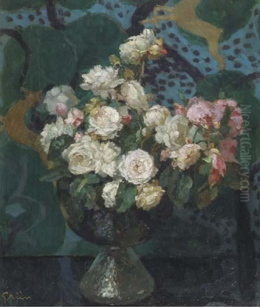 A Still Life With White And Pink Roses In A Glass Vase Oil Painting by Jules-Alexandre Grun