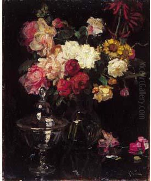 Bouquet De Roses Et De Marguerites. Oil Painting by Jules-Alexandre Grun