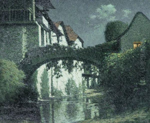 Petit Cours Deau Dans Le Village Au Clair De Lune Oil Painting by Maurice Grun