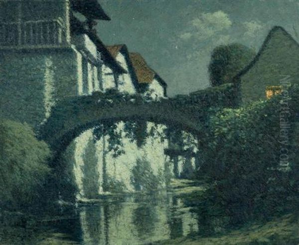 Mondscheinlandschaft Mit Brucke. Oil Painting by Maurice Grun