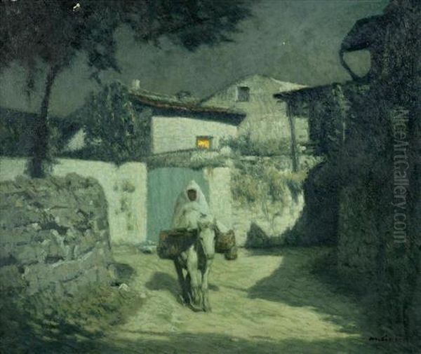 Mondscheinlandschaft Mit Reiter In Einer Gasse. Oil Painting by Maurice Grun