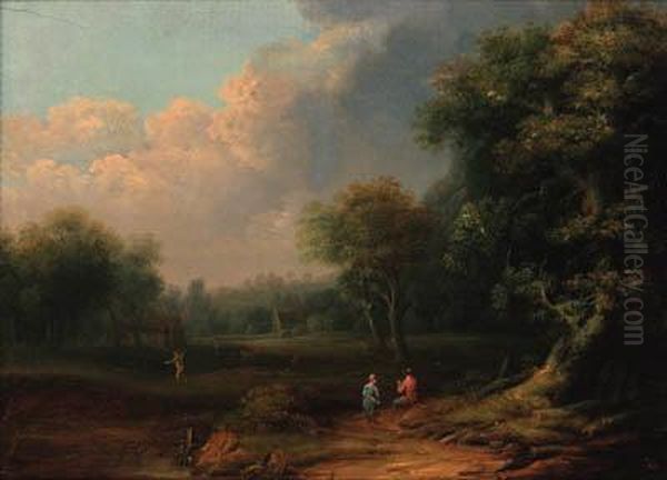 A Wooded Landscape With Travellers Resting On A Track By Atree Oil Painting by Norbert Joseph Carl Grund