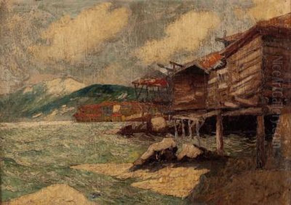 Hauser Und Blockhutten Am See Oil Painting by Elioth Gruner