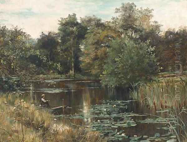 Fishing from a punt Oil Painting by George Vicat Cole