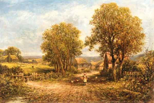 Feeding the chickens on a village path Oil Painting by George Vicat Cole