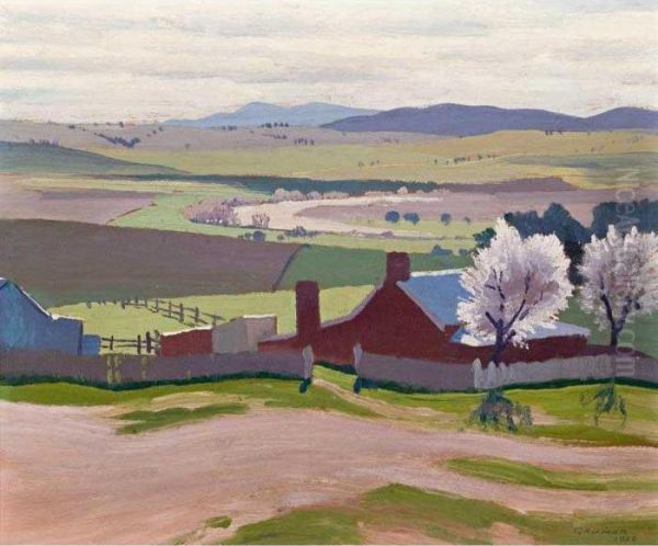 Spring: A Farm And Blossom Trees At Bathurst Oil Painting by Elioth Gruner