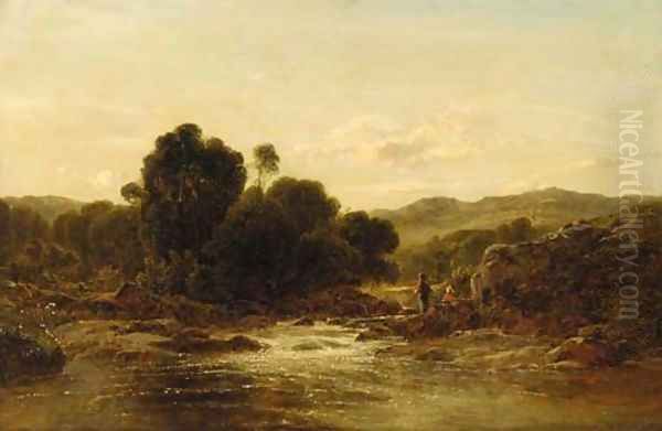 An angler in a rocky river landscape Oil Painting by George Vicat Cole