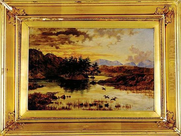 Ducks Rising In Twilight Landscape Oil Painting by Charles Paul Gruppe