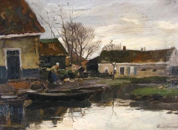 Dutch Townscape Withwoman Near Water Oil Painting by Charles Paul Gruppe