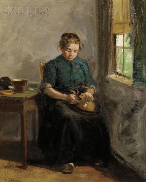 Woman Polishing A Kettle Oil Painting by Charles Paul Gruppe