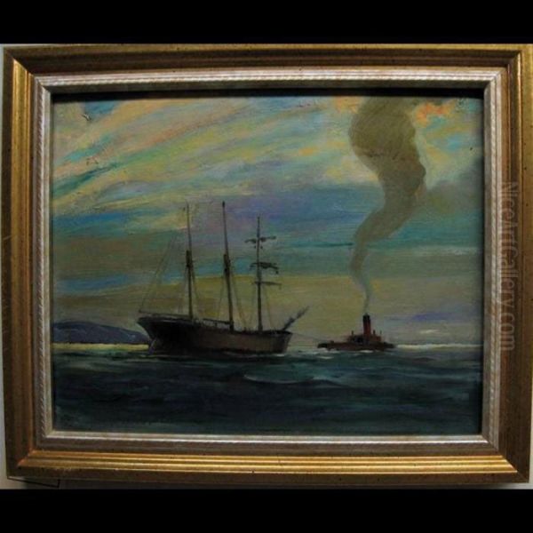 Tugboat Towing Ship Oil Painting by Charles Paul Gruppe