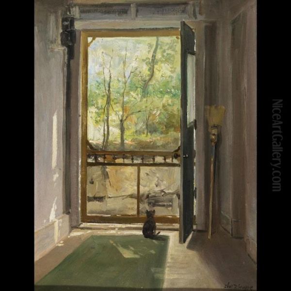 Cat At The Back Door Oil Painting by Charles Paul Gruppe