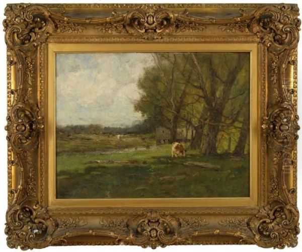 Pastoral Landscape With Cow Grazing Near Trees Oil Painting by Charles Paul Gruppe