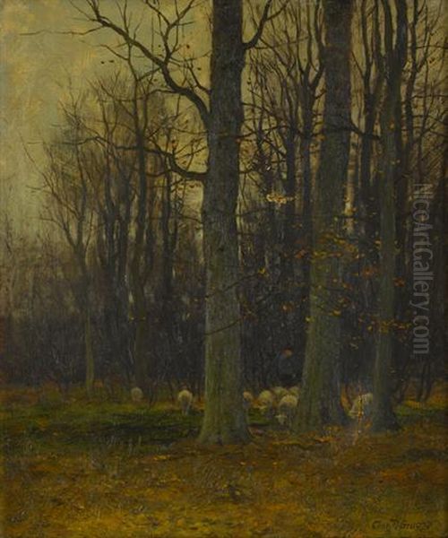 Grazing Sheep In The Woods Oil Painting by Charles Paul Gruppe