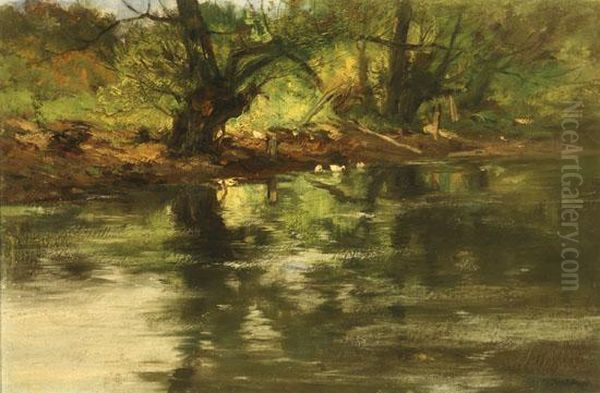 Three Ducks At The Edge Of A Woodland Brook Oil Painting by Charles Paul Gruppe