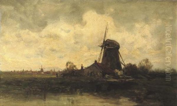 A Windmill Along A River Oil Painting by Charles Paul Gruppe