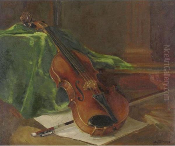 Still Life With Violin And Bow Oil Painting by Charles Paul Gruppe