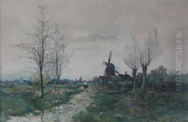 Windmill In Autumnal Landscape Oil Painting by Charles Paul Gruppe