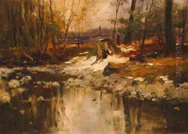 Winter Landscape With Stream Oil Painting by Charles Paul Gruppe