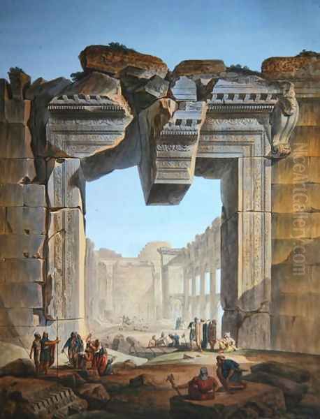 Main gate of a temple situated south of the Temple of the Sun at Baalbec, c.1800 Oil Painting by Louis Francois Cassas