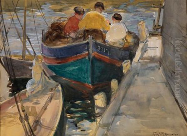 Three Men At The Dock Oil Painting by Charles Paul Gruppe