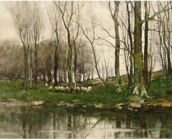 View Of The Haagse Bos With Grazing Sheep Oil Painting by Charles Paul Gruppe