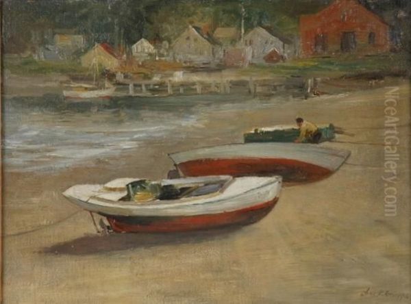 Beached Boats With Fishing Shacks In The Distance Oil Painting by Charles Paul Gruppe