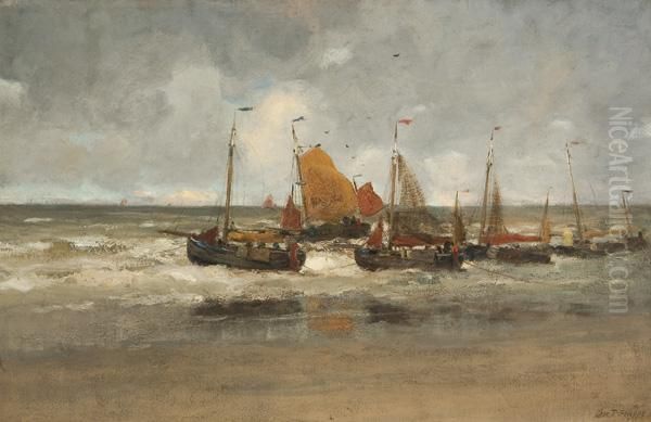 Dutch Fishing Boats Oil Painting by Charles Paul Gruppe