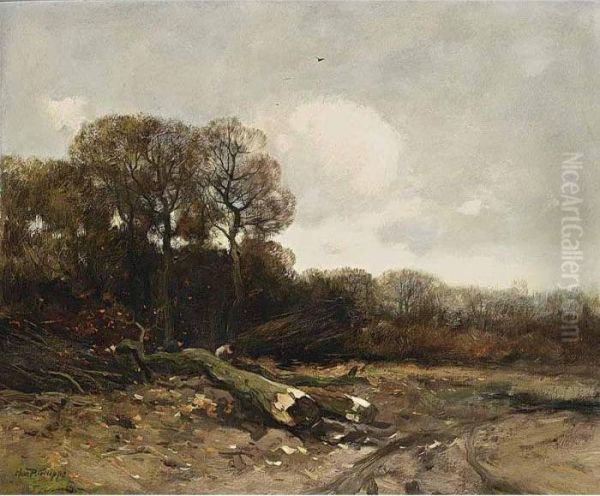 Woodcutters At Work Oil Painting by Charles Paul Gruppe