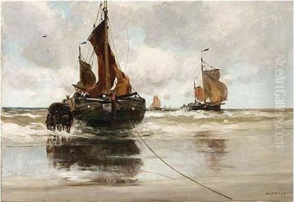 Bomschuiten On The Beach Oil Painting by Charles Paul Gruppe