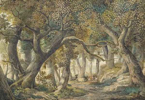 A wooded landscape with a stag hunt Oil Painting by Louis Francois Cassas