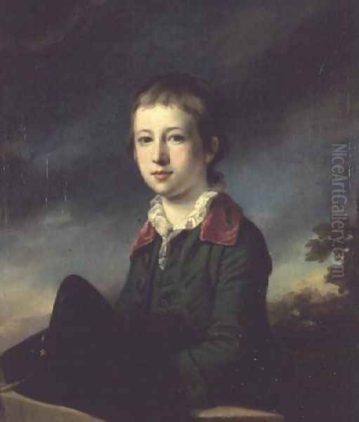 Boy in green coat with red velvet collar Oil Painting by Francis Cotes