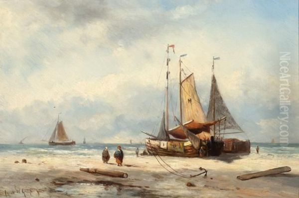 Ships And Figures On The Beach Oil Painting by Willem Jun Gruyter