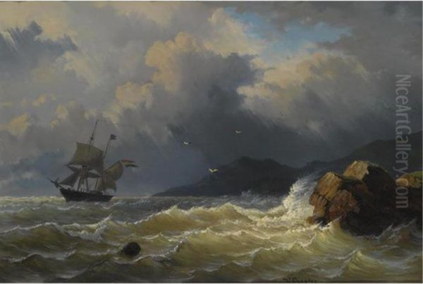 A Sailing Vessel Near A Rocky Coast Oil Painting by Willem Jun Gruyter