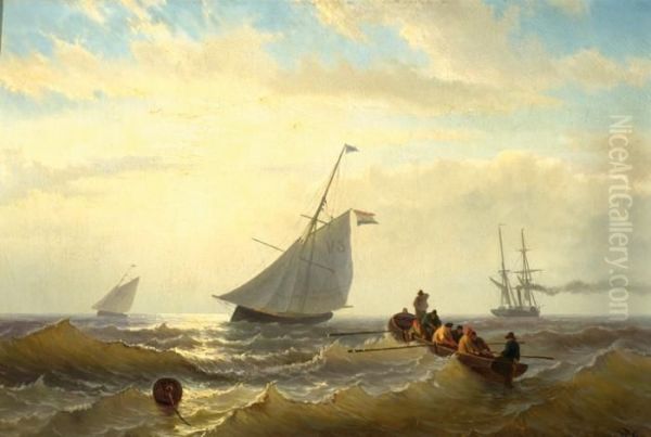 Two Fishing Boats, A Steam Ship And Men On A Flat-boat On Open Sea Oil Painting by Willem Jun Gruyter