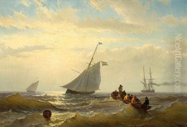 Two Fishing Boats, A Steamboat And Men In A Flat-boat On Open Sea Oil Painting by Willem Jun Gruyter