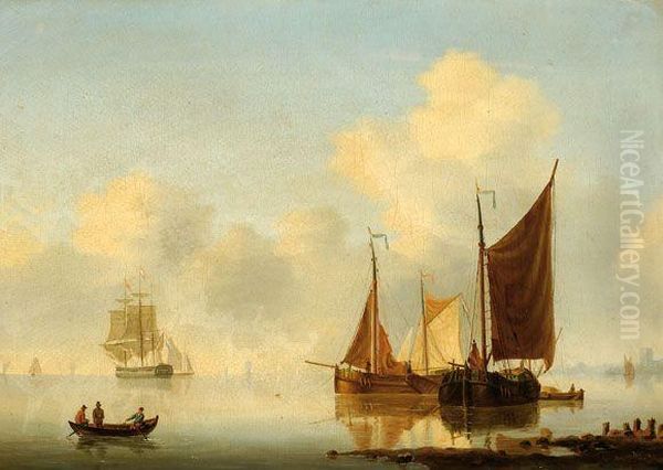 Moored Ships On A Calm Estuary Oil Painting by Willem Jun Gruyter