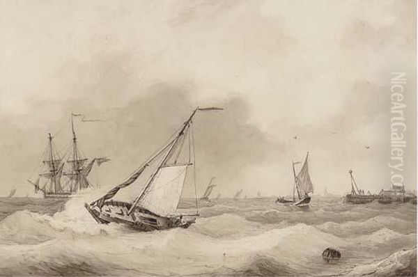 A Dutch Barge And Other Shipping In A Stiff Offshore Breeze Oil Painting by Willem Jun Gruyter