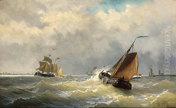 Shipping In Choppy Waters A Town In The Distance Oil Painting by Willem Jun Gruyter