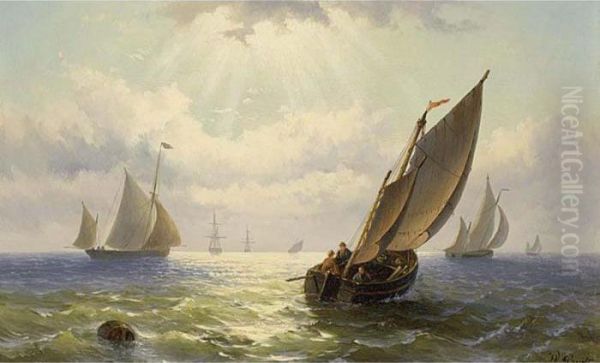 Sailing Vessels On A Calm Sea Oil Painting by Willem Jun Gruyter