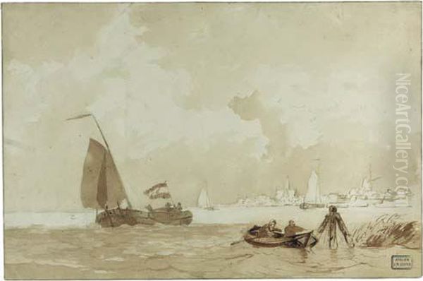 A Rowing Boat With Figures And A
 Sailing Vessel Near A Village(recto); A Study Of A Sailing Vessel 
(verso) Oil Painting by Willem Jun Gruyter