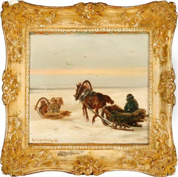 Sleighs In The Snow Oil Painting by Petr Nicolaevich Gruzinsky