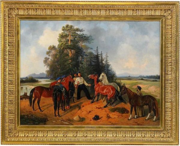 The Horse Groomers Oil Painting by Petr Nicolaevich Gruzinsky