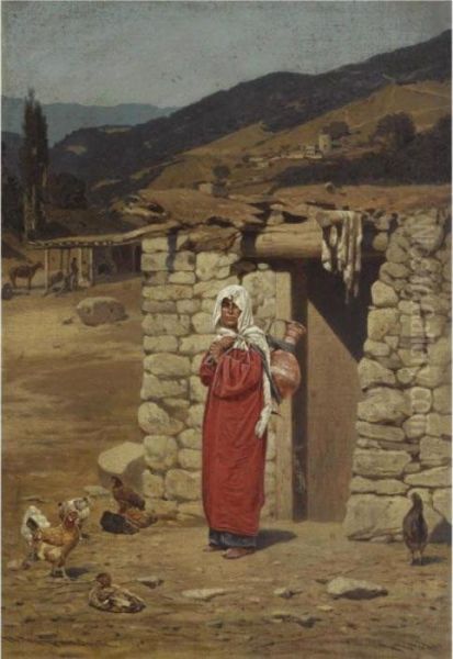 Peasant Carrying Water Oil Painting by Petr Nicolaevich Gruzinsky